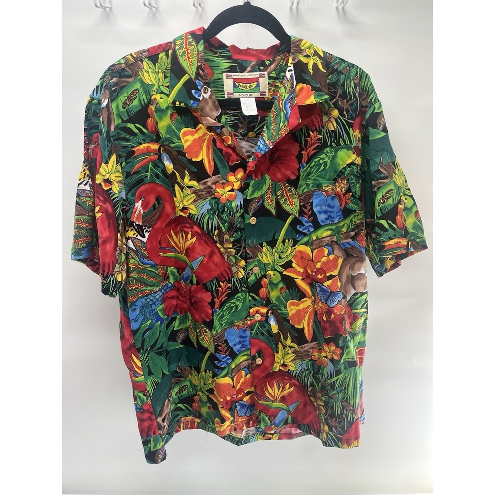 vintage 80s Hawaiian Rainforest Parrot S/S Button-Up Shirt macaw jungle beach L
